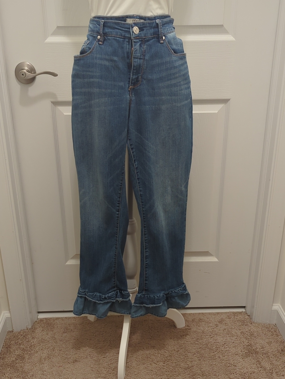 Vintage Blue Ruffled-Hem Wide Leg Jeans